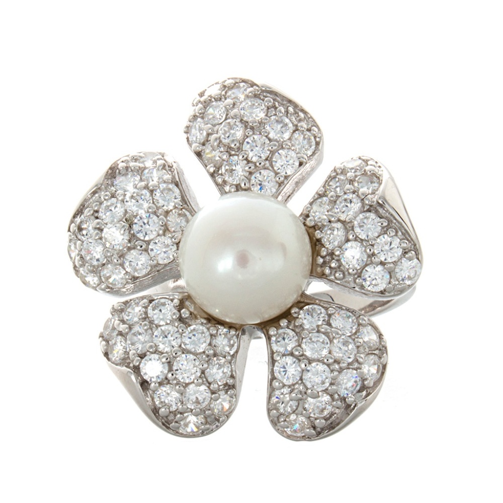Large Sterling Silver Cocktail Ring Pearl and CZ